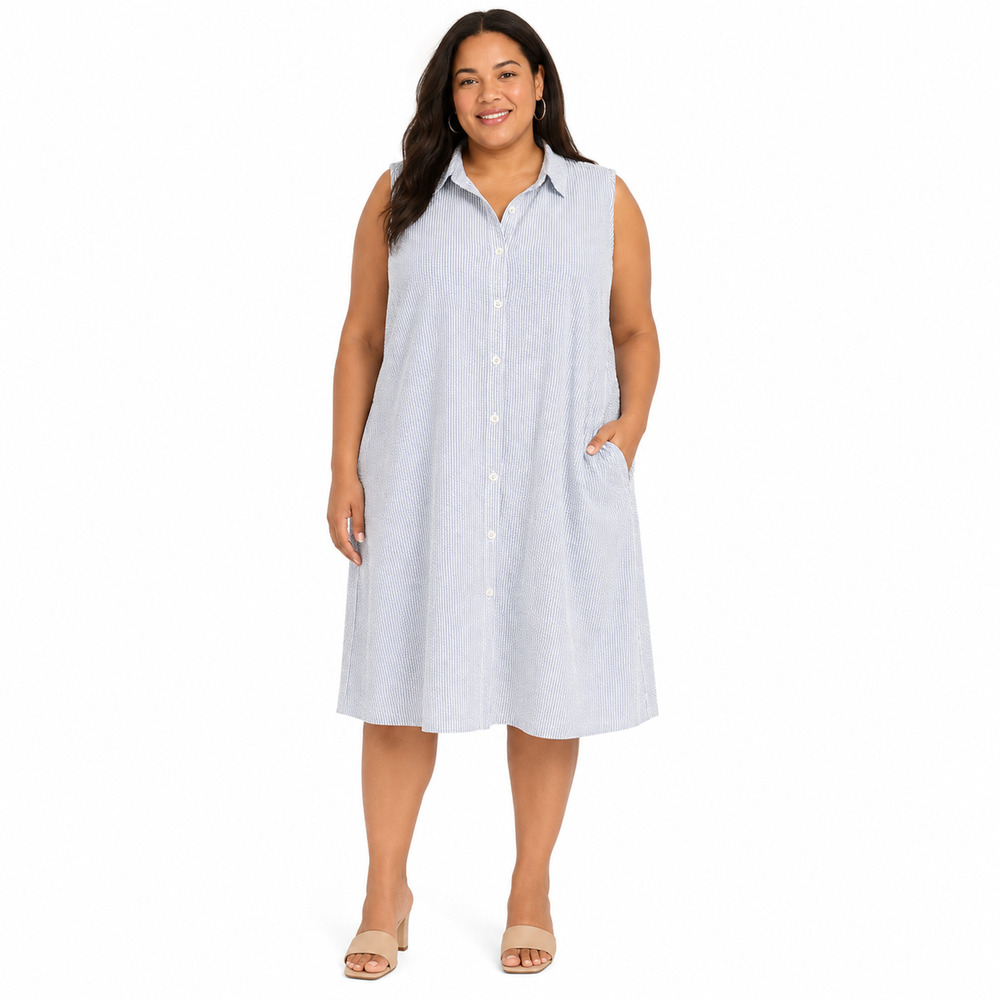 The Vermont Country Store Blue Seersucker Shirt Dress Pockets Sleeveless 3X